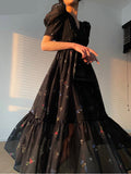 Nukty Floral Dress for Women Fashion Vintage Short Sleeves V Neck Summer Dress French Style Folds Pullover Maxi Dress