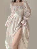 Nukty Floral Dress for Women Fashion French Style Elegant Long Sleeve Midi Dress Chic Casual Square Collar Chiffon Dress