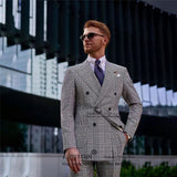 Nukty Classic Grey Plaid Men Suits Double Breasted Business Blazer Slim Fit Wedding Groom Tuxedo 2 Piece Set Jacket Pant Costume Homme