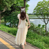 Nukty Vinatge Sweet French Midi Dresses Women Casual Short Sleeve Beading Chiffon Dress Elegant Female Party One Piece Dress Korean