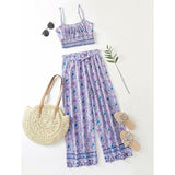Boho Vintage Pattern Print Women 2 Piece Set Spring Midriff Baring Wide Leg Pant Retro Chic Beach Vacation Women Set