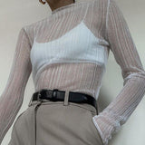 Sexy See Through Long Sleeve Mock Neck Women Tops Fashion Streetwear T-Shirts Tees New Elegant Ladies Slim Clothes