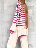 Nukty Casual Knitted Sweater Autumn Femme Vintage V Neck Striped Loose Elegant Pullover Chic Jumper Women's Long Sleeve Top