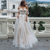 Nukty Sexy Sweetheart A Line Wedding Dresses Off Shoulder Champagne Liner Tulle Appliques Sleeveless Bridal Gowns Womens Formal