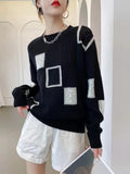Nukty Fashion Tops Women Oversized Sweater Autumn Winter New Colorblock Plaid Knitted Pullovers Round Neck Retro Warm  Sweaters