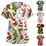 Nukty Cute Cartoon Animals Print Christmas Nursing Scrubs Women Tops Short Sleeve pet salon Work Uniform Blouse Costume Shirts Female