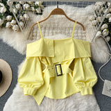 Nukty New Fashion Women Spring Summer Yellow Shirt Sexy Spaghetti Strap Slash Neck Off Shoulder Long Sleeve Blouse with Belt