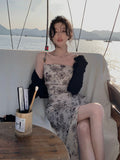 Nukty Women Slash Neck Sexy Strapless Retro Green Printing Elegant Temperament Fitting Suspender Slit Bodycon Long Midi Dress Summer