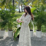 Nukty Summer Basic Long Dress Long Sleeve V-Neck Floral Printed Retro Vintage A-Line Women Dresses Chic Korea Fashion Vestidos