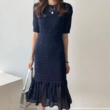 Nukty Casual Chic Korean Temperament Slim Sexy Hollow Out Dresses O Neck Short Sleeve Wrap Hip Knitted Dress White Lady Summer