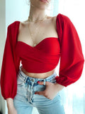Summer New Women's Crossover Long-sleeved Sexy French Top Women's Square Neck Low-cut Navel-like Temperament Women's Clothing