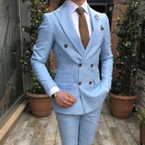 Nukty Slim fit Double Breasted Suit for Men 2 Piece Light Blue Wedding Tuxedo for Groom Peaked Lapel Custom Man Fashion Costume
