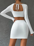 Nukty 2 PCS Sexy White Mini Dress Set Long Sleeve Top Summer Skirts Suits Bodycon Women Party Short Split Dress Suit