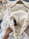 Nukty French Elegant Women Floral Lace Fairy Dress Sexy Hollow Out Long Flare Sleeve Padded Square Collar Ruched Mini Party Dress Robe