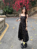 Nukty Y2k Vintage Black Floral Dress Women Korean Style Mesh Irregular Split One Piece Slip Long Chiffon Fairy Dresses Summer