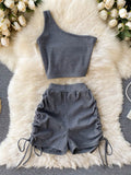 Nukty Casual Women 2 Piece Set Solid Summer Fashion One Shoulder Sleeveless Crop Top and Drawstring Shorts Workout Tracksuits