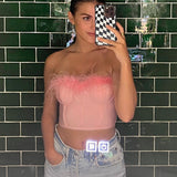 Nukty Women Tube Tops Solid Color Feather Furry Trim Sleeveless Off Shoulder Backless Back Zipper Slim Fit Crop Tops