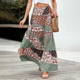 Nukty Summer Long Patchwork Print A-Line Skirt Floral Skirt Women Casual Beach Faldas Female Boho Elastic Waist Holiday Maxi Skirts