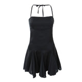 Nukty Spring Summer New Sexy Slim Fashion Women Halter Neck Tie Backless Pleated Short Strap Mini Dress Female