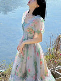 Nukty Puff Sleeve Summer Dress Fashion French Style Ruffle Dress for Women New Fashion Elegant Short Sleeves Midi Dress