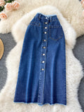 Nukty Long Denim Skirt for Women Nukty Korean Fashion Vintage Tassels High Waist Single Breasted A-line Jeans Skirt with Pockets