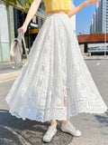 Skirts Summer Woman Elegant and Elegant Hollow Lace Skirt High-waisted Slim Mid-length A-line Skirt Pleated  White Skirt