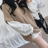 Nukty Sweater Vests Women Knitted Tank Sweaters V-neck Solid Sleeveless Casual Long Sleeves Vintage Spring/Autumn Female High Street