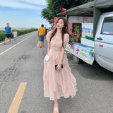 Nukty Vinatge Sweet French Midi Dresses Women Casual Short Sleeve Beading Chiffon Dress Elegant Female Party One Piece Dress Korean