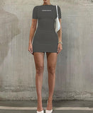 Nukty Short Sleeve O Neck Letter Print Elegant Sexy Slim Mini Prom Dress Fall Fashion Women Casual Party Y2K Clothes