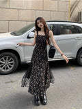Nukty Y2k Vintage Black Floral Dress Women Korean Style Mesh Irregular Split One Piece Slip Long Chiffon Fairy Dresses Summer