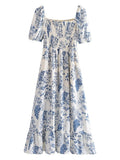 Nukty New Summer Women Vintage Fruit Floral Print Square Neck Puff Sleeves Elastic Sexy Side Slit Long  Midi Dress
