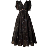 Nukty Floral Dress for Women Fashion Vintage Short Sleeves V Neck Summer Dress French Style Folds Pullover Maxi Dress