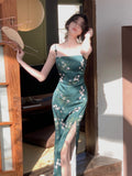 Nukty Women Slash Neck Sexy Strapless Retro Green Printing Elegant Temperament Fitting Suspender Slit Bodycon Long Midi Dress Summer