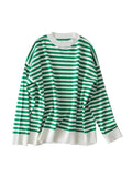 Nukty Casual Knitted Sweater Autumn Femme Vintage V Neck Striped Loose Elegant Pullover Chic Jumper Women's Long Sleeve Top