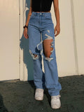 New Ladies Straight Jeans Hot Girl Ripped Hole High Waist Washed Distressed Jeans Personality Loose Slim Pants Women Jeans