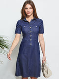 Summer New Women's Shirt Collar Dress Temperament Elegant Button Cardigan Imitation Denim Dress Office Wear Woman Dress