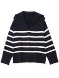 Nukty Casual Knitted Sweater Autumn Femme Vintage V Neck Striped Loose Elegant Pullover Chic Jumper Women's Long Sleeve Top