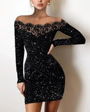 Nukty Black Slash Neck Lace Collar Sexy Tight Mini Dress Female Long Sleeves Bodycon Party Dress