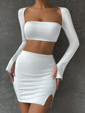 Nukty 2 PCS Sexy White Mini Dress Set Long Sleeve Top Summer Skirts Suits Bodycon Women Party Short Split Dress Suit