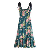 Nukty Summer New Lace Up Bowknot Strap High Waist French Vintage Printed Ruffle Dress Female Fashion Midi Dresses Women