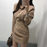 Nukty New Korean Chic Turn Down Collar Single Breast Tie vintage Dress High Waist Hip Pleat Bodycon Vestidos Solid Temperament Ropa
