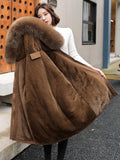Medium Long Hooded Parka With Fur Collar Winter Jackets For Women Casual Cotton Liner Coat Adjustable Waist