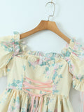 Nukty Women Summer Fashion Sweet Floral Print Mini Dress Vintage Square Collar Chic Wood Ear Princess Dresses