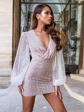 Nukty Sexy Sequins Women Party Mini Dress V-Neck Lantern Long Sleeve Female Night Club Evening Dresses Bodycon Short Dress Summer