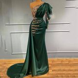 Nukty Chic Mermaid PromDress One Shoulder Beaded Lace Long Sleeves Green Satin Arabic Muslim Formal Party Dresses