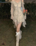 Nukty French Style Floral Dress for Women V Neck Long Sleeve Mini Dress Elegant Chic Sweet Asymmetrical Midi Sexy Dress