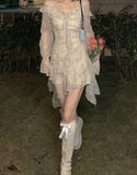 Nukty French Style Floral Dress for Women V Neck Long Sleeve Mini Dress Elegant Chic Sweet Asymmetrical Midi Sexy Dress