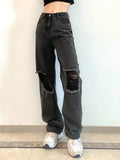 New High Waist Loose Hole Wide Leg Women's Jeans Loose Straight Leg Pants Retro Casual Women Fashion High Street Pants