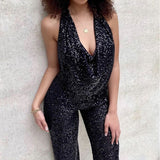 Nukty Sexy Glitter Sequin Club Party Jumpsuits Elegant Halter Sleeveless Straight Playsuits Summer Women Fashion Backless Solid Romper