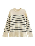 Nukty Casual Knitted Sweater Autumn Femme Vintage V Neck Striped Loose Elegant Pullover Chic Jumper Women's Long Sleeve Top